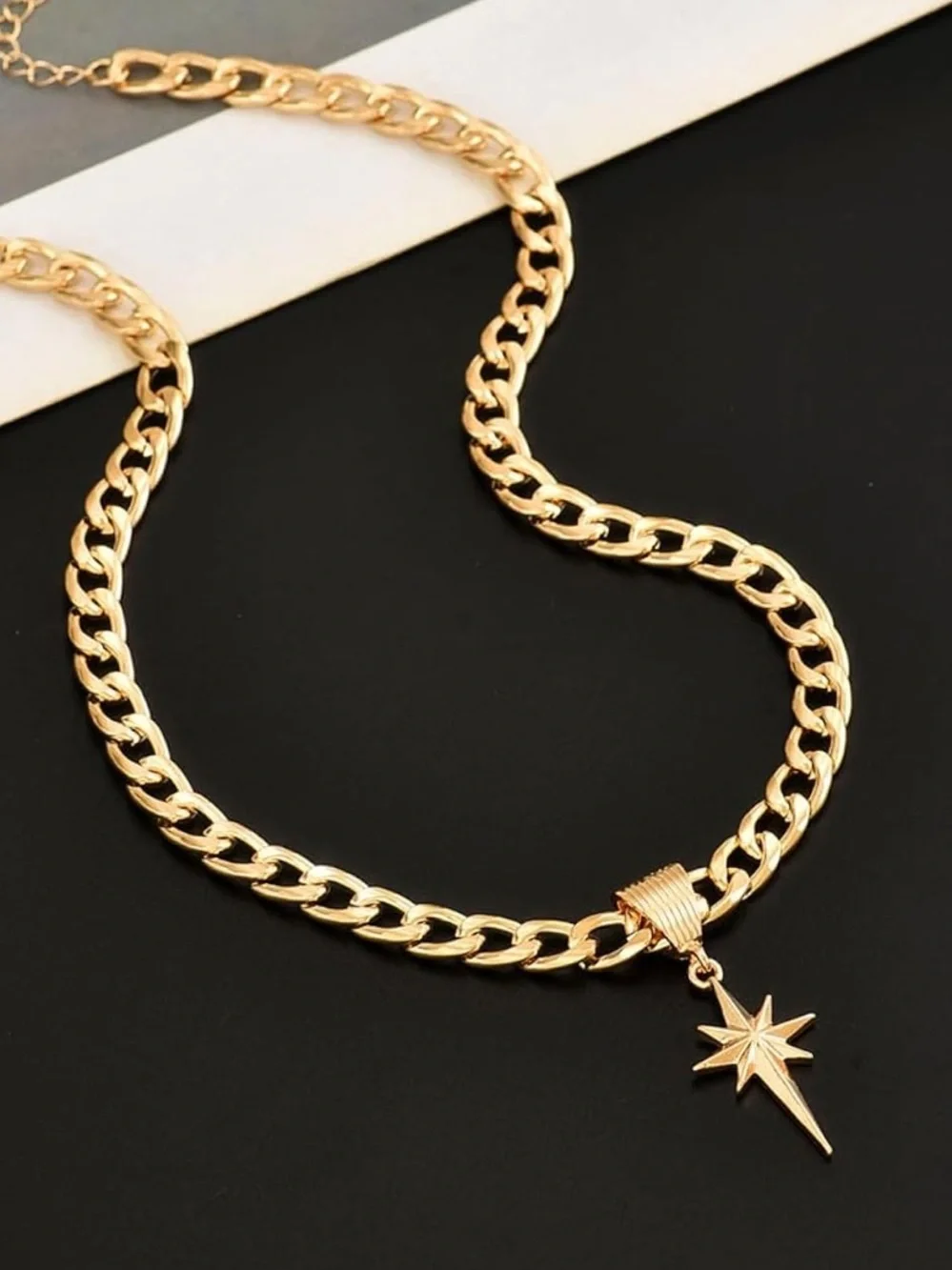 Anthropologie Gold Starburst Compass Pendant Chunky Chain Necklace - Picture 2 of 4